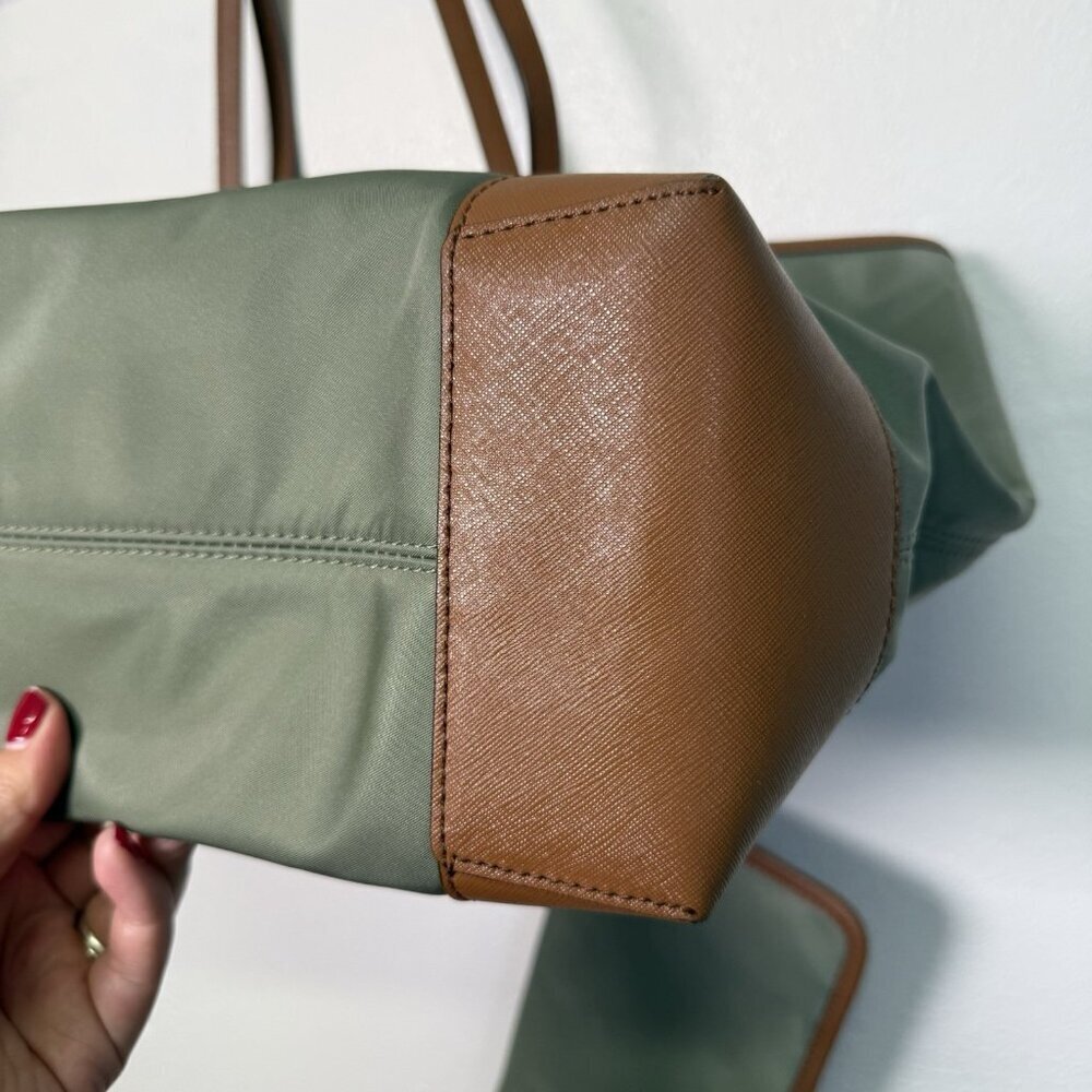 Michael Kors Eva Large Nylon Leather Tote Wh Match Pouch Army Green Timeless - Picture 8 of 16